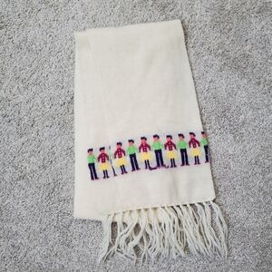 Charming Cream Wool Blend Embroidered Folk Art Scarf